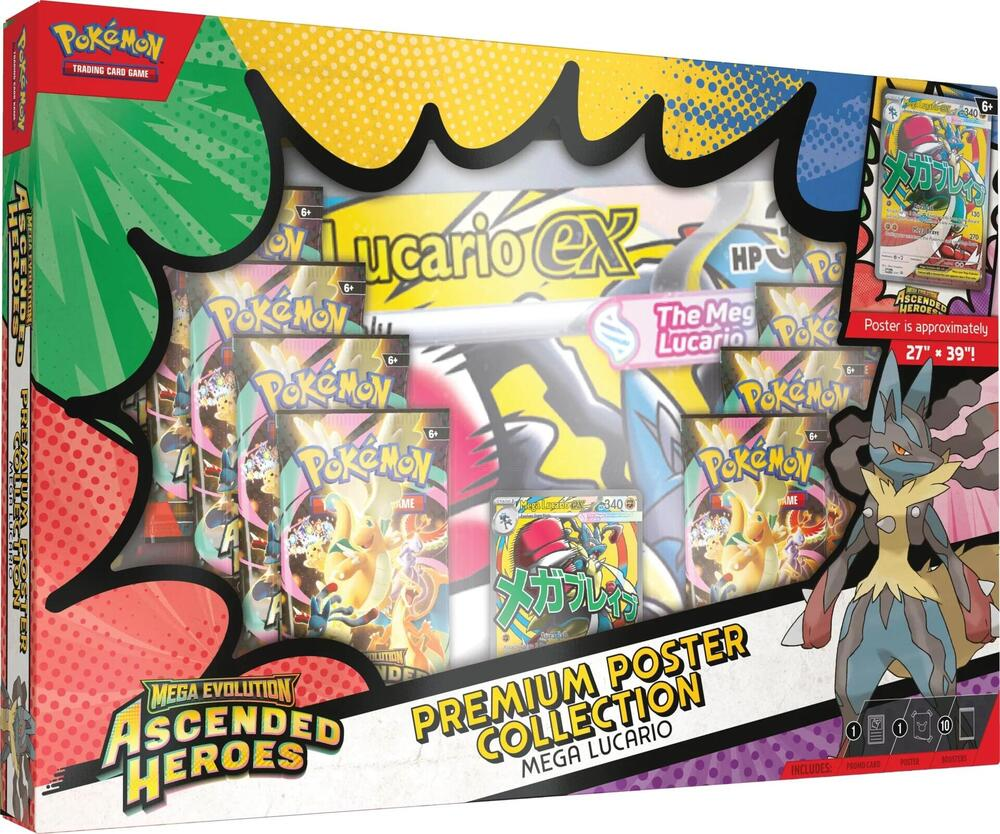 Pokémon Mega Lucario EX Premium Poster Collection packaging with character illustrations and text.