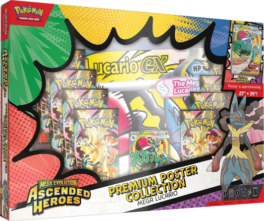 Pokémon Mega Lucario EX Premium Poster Collection packaging with character illustrations and text.