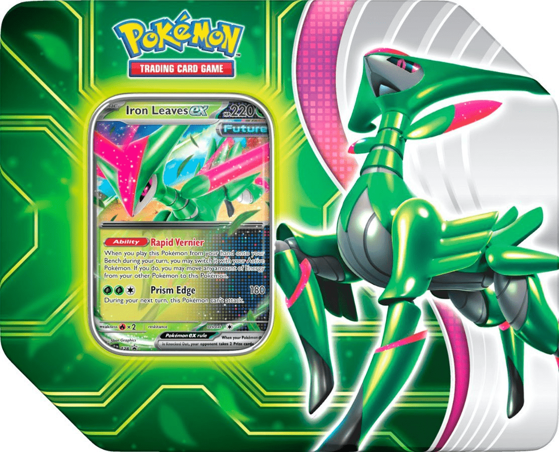 Green and pink Pokémon Iron Leaves ex trading card tin.