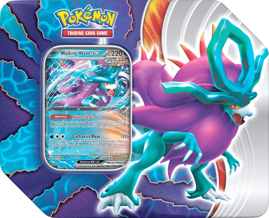 Product image of a Pokémon trading card game tin featuring the "Walking Wake ex" card.
