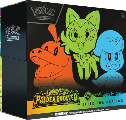 A "Pokemon Scarlet & Violet: Paldea Evolved" Elite Trainer Box featuring the cartoonish Pokemon characters Sprigatito, Fuecoco, and Quaxly in front of a black background.