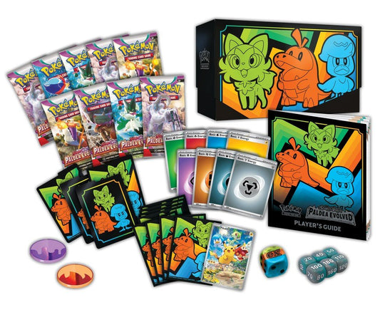 A product shot of a Pokemon Scarlet & Violet Paldea Evolved Elite Trainer Box, containing booster packs, cards, a player's guide, dice, and card sleeves.
