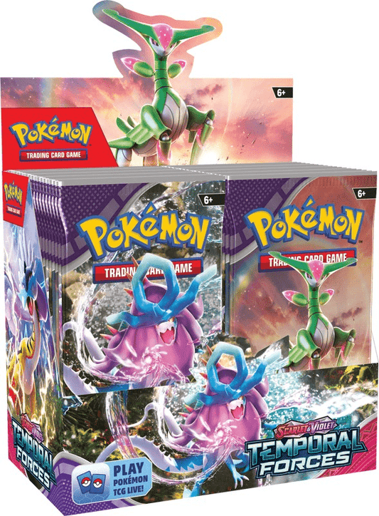 A display box of Pokémon TCG Scarlet & Violet Temporal Forces booster packs. Each pack features either Iron Leaves or Walking Wake on the cover, and the display has an Iron Leaves figurine at the top.