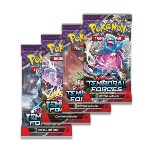 Four Pokémon: Scarlet & Violet Temporal Forces booster packs.