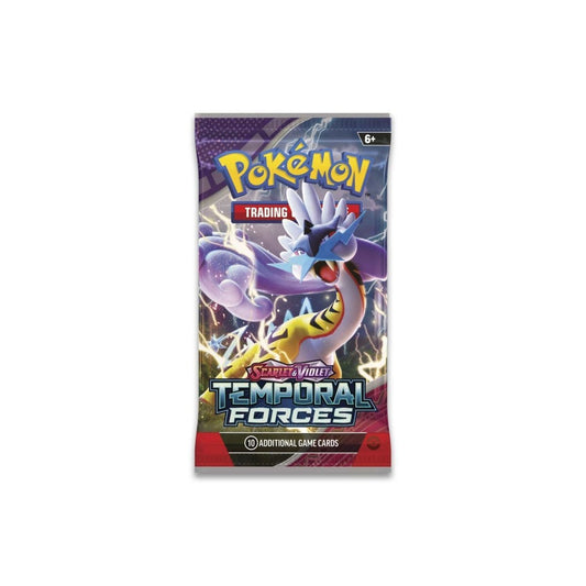 A sealed Pokemon Scarlet & Violet Temporal Forces trading card booster pack.