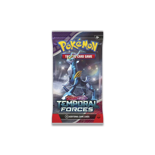 A sealed Pokemon Trading Card Game Scarlet and Violet Temporal Forces pack.