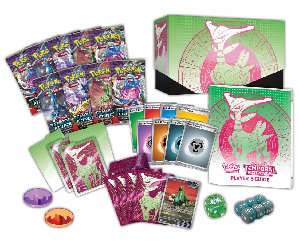 Here is an alt tag for the image:

Assortment of Pokémon Temporal Forces trading card game items, including booster packs, energy cards, a player's guide, dice, and card sleeves.
