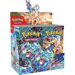 Here is a good alt tag for the image:

**Box of Pokémon Stellar Crown trading cards**

