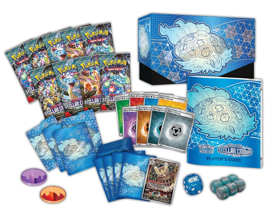 An overhead view of a Pokémon Trading Card Game Elite Trainer Box, containing booster packs, card sleeves, energy cards, a player's guide, dice, and a full-art Pokémon card.