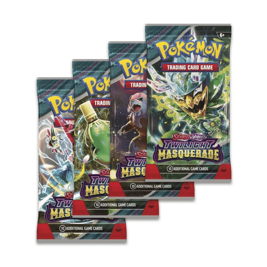 A promotional shot displays a stack of four Pokémon Trading Card Game packs from the "Scarlet & Violet Twilight Masquerade" series, each featuring different Pokémon characters on the cover.