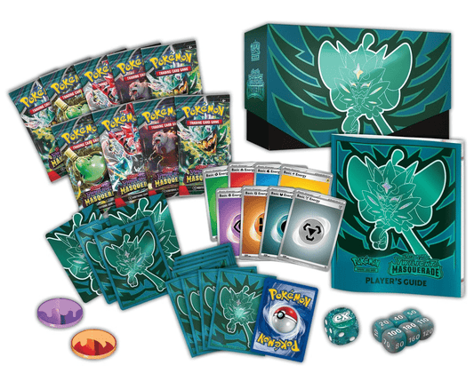 Pokemon Twilight Masquerade Elite Trainer Box containing card packs, player guide, energy cards, dice, coins, card sleeves, and Pokemon card.
