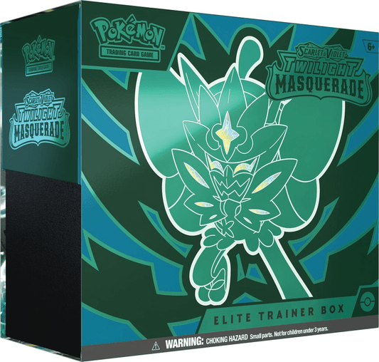 A Pokémon Elite Trainer Box with the Scarlet & Violet - Twilight Masquerade logo.