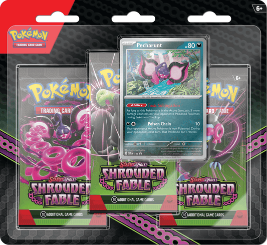 A Pokémon Trading Card Game multipack featuring Pecharunt, from the Scarlet & Violet series: Shrouded Fable.