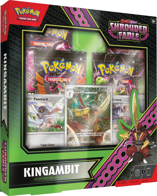Product shot of a Pokémon Kingambit illustration collection box set, with Pokemon trading card game boosters, cards, and packaging in red, green, black, and purple.