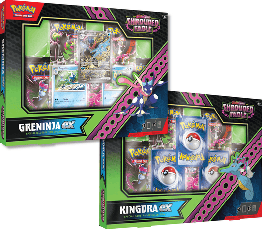 Two Pokémon TCG box sets, featuring Greninja ex and Kingdra ex, with booster packs and promo cards.