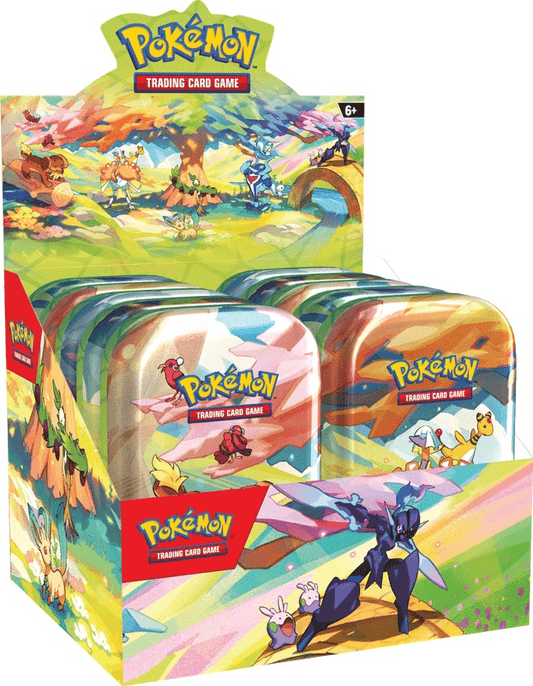 Here is a descriptive alt tag for the image:

Display case with Pokémon trading card game tins.
