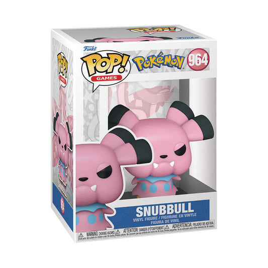 Funko Pop! Games Snubbull vinyl figure in box. The figure is pink with black-tipped ears and a blue neck ruffle.