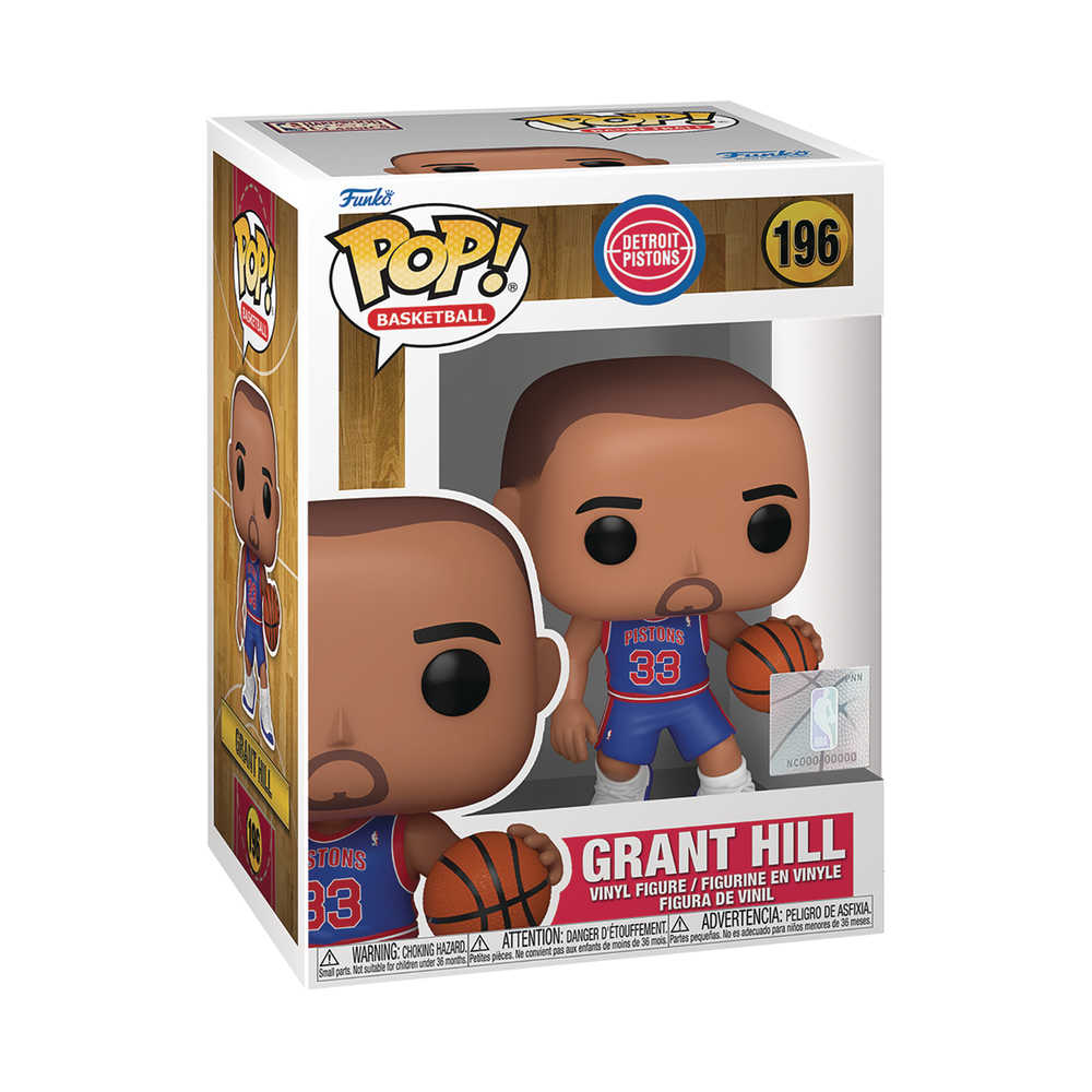 Funko Pop! figurine box featuring Grant Hill of the Detroit Pistons wearing a blue and red jersey with the number 33 and holding a basketball.