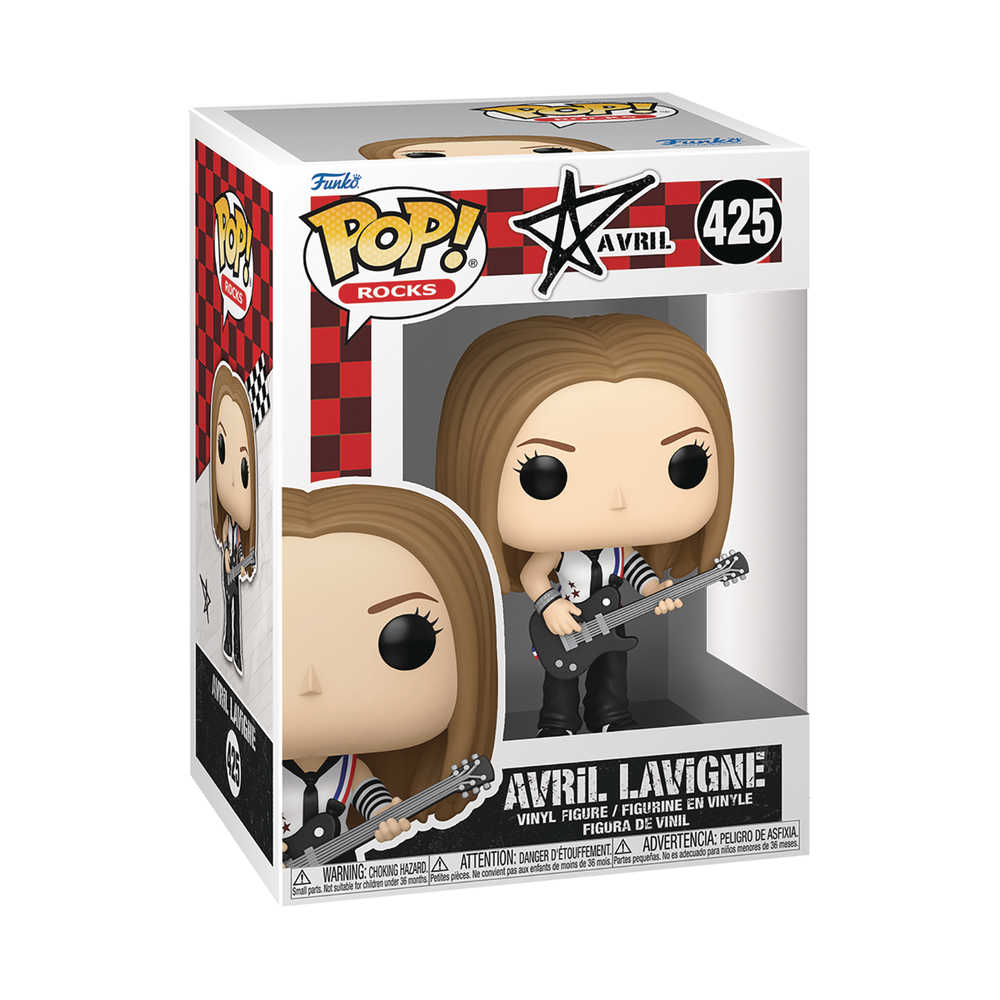 A Funko Pop box featuring an Avril Lavigne figure holding a black guitar.