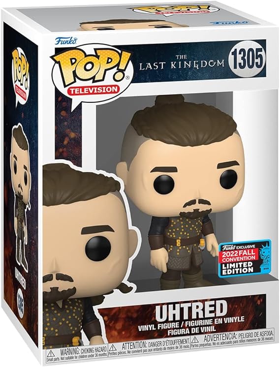Funko Pop! Uhtred vinyl figure in box, featuring a character with brown hair, a dark-colored tunic with gold accents, and a 2022 Fall Convention Limited Edition sticker.