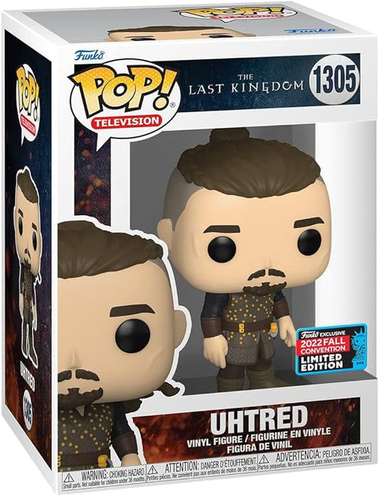 Funko Pop! Uhtred vinyl figure in box, featuring a character with brown hair, a dark-colored tunic with gold accents, and a 2022 Fall Convention Limited Edition sticker.