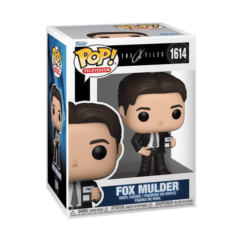 Boxed Fox Mulder Funko Pop! figurine, dark hair, black suit, FBI ID.