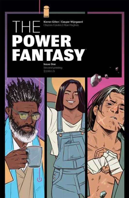 Comic book cover: "The Power Fantasy," with three characters; bearded man with glasses and coffee cup, smiling woman in overalls, wounded man with a cigarette.
