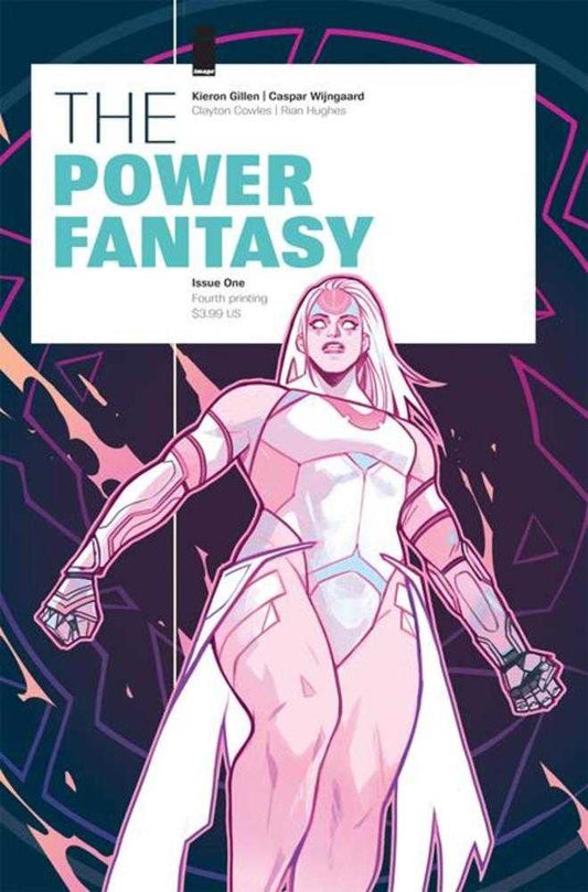 Comic book cover: "The Power Fantasy Issue One" featuring a woman in white futuristic armor.