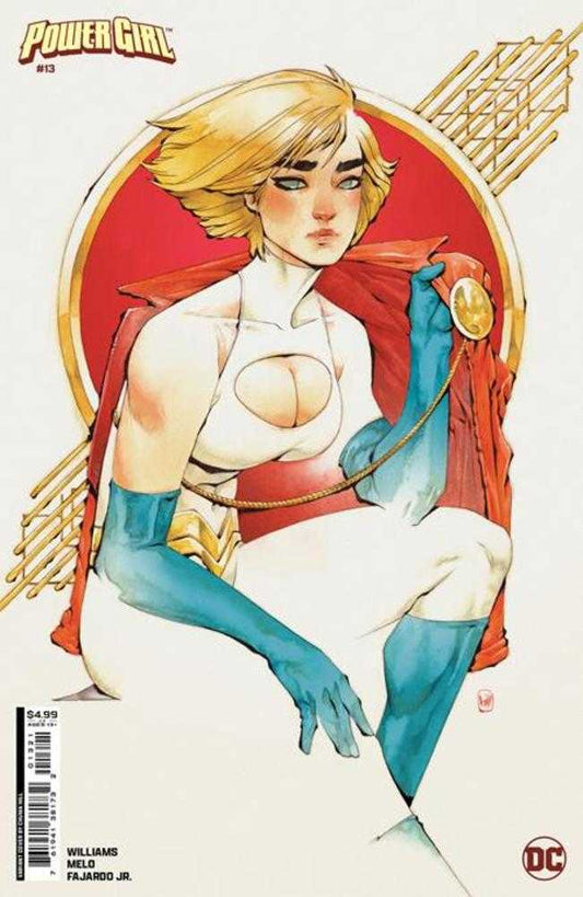 Comic book cover featuring Power Girl. She is wearing a white and red costume with blue gloves and boots. She is sitting in a relaxed pose.