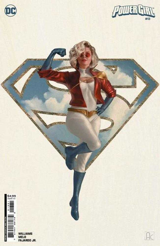 Power Girl comic book cover. Female superhero in red jacket, white suit, and blue boots in front of Superman-style emblem.