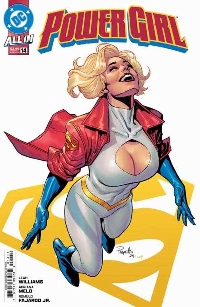 Comic book cover featuring Power Girl in a white, gray, blue, and gold jumpsuit, red jacket, blue gloves and boots, against a yellow Superman logo.
