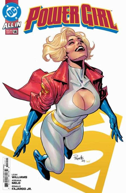 Comic book cover featuring Power Girl in a white, gray, blue, and gold jumpsuit, red jacket, blue gloves and boots, against a yellow Superman logo.
