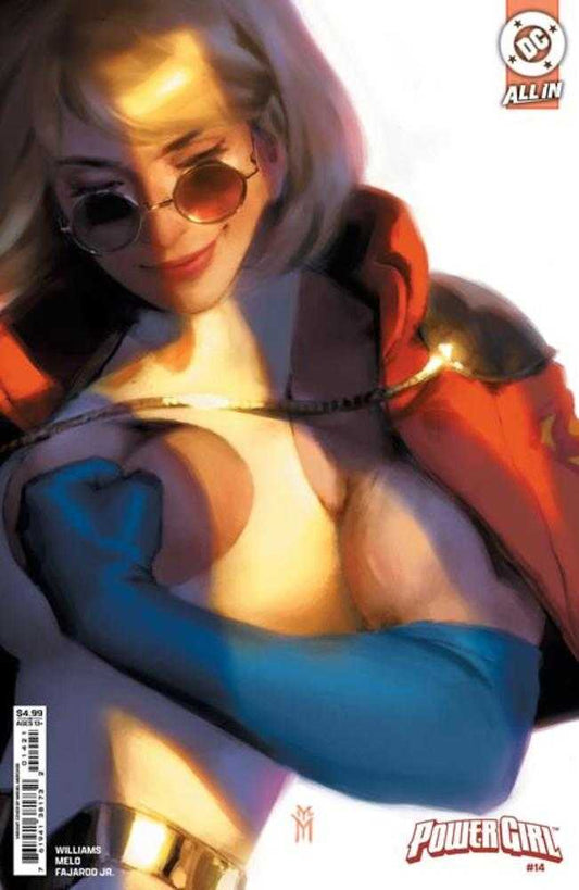 Comic book cover of Power Girl with glasses, a cape, and a blue arm sleeve.
