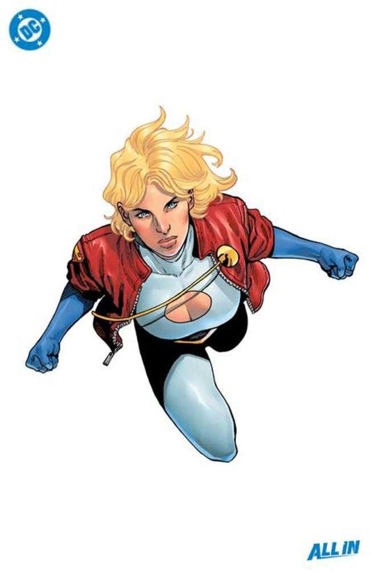 Illustration of a blonde woman in a red jacket, blue gloves and tights, and a white bodysuit with a round cutout at the chest. She is depicted in a dynamic, action pose.