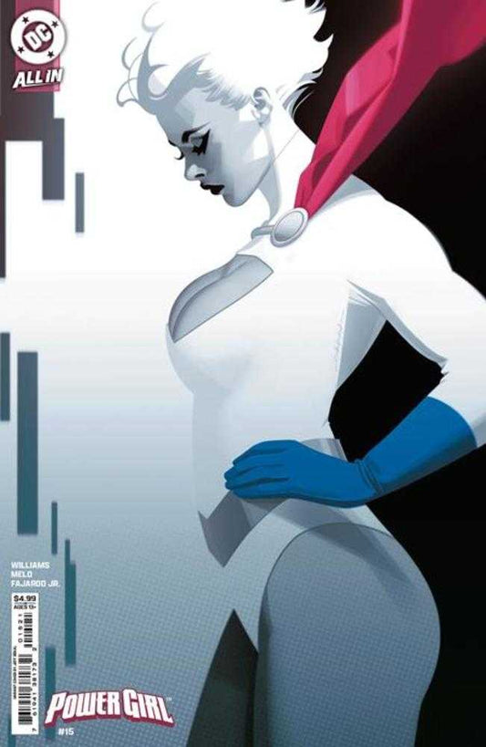 Comic book cover: Power Girl in white costume with blue gloves and red cape.