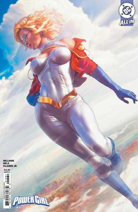 Comic book cover: Power Girl flying. She wears a white and blue jumpsuit with a gold belt, a red cape, and glasses. The background is a cloudy sky.