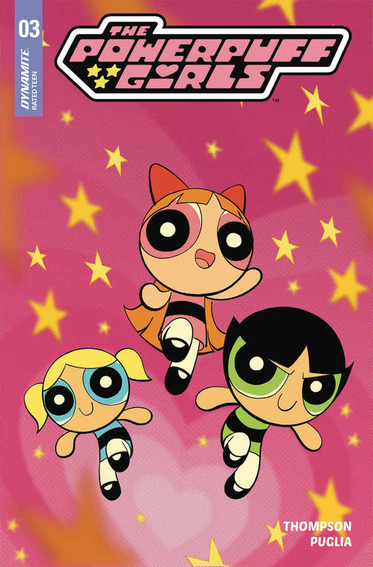 Comic book cover featuring the Powerpuff Girls flying against a pink backdrop with yellow stars.