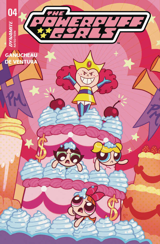 Comic book cover featuring The Powerpuff Girls on a cake with Princess Morbucks on top.