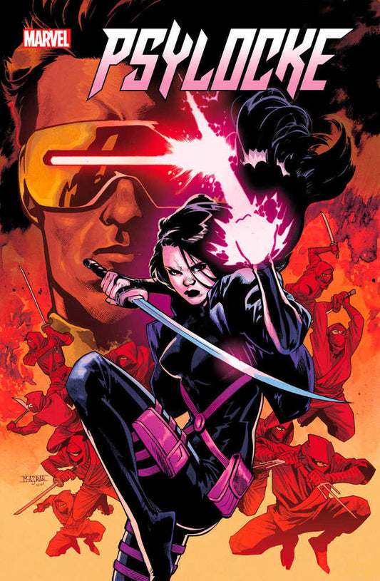 Comic book cover featuring Psylocke wielding a katana and psychic energy with Cyclops in the background, surrounded by red-clad ninjas.