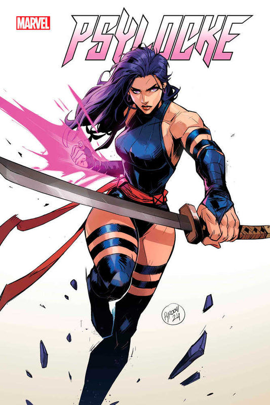 Comic book cover featuring Psylocke. Purple hair, blue and black suit, pink psychic blade, katana.