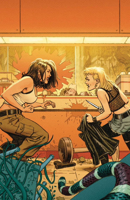Two women in a standoff with a knife. A gun on the floor. Snake and green vines in the foreground.