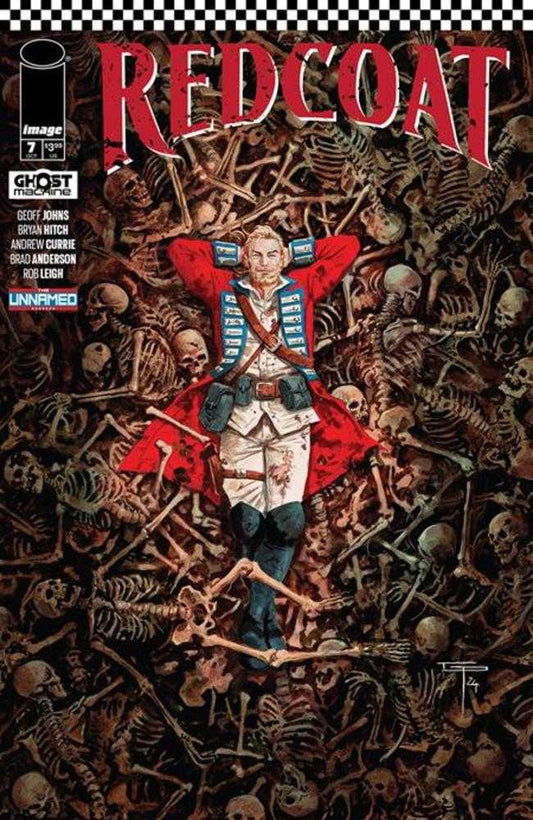 Comic book cover for "Redcoat", featuring a blond man in a red coat reclining on a pile of skeletons.