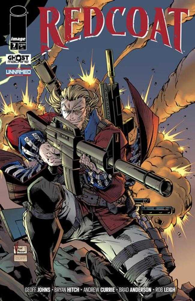 Comic book cover featuring a red-coated character holding a gun.