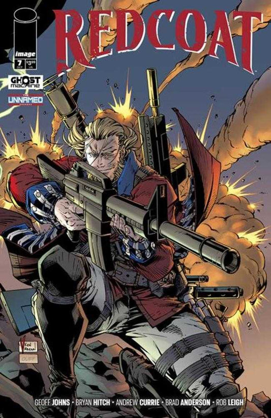 Comic book cover featuring a red-coated character holding a gun.