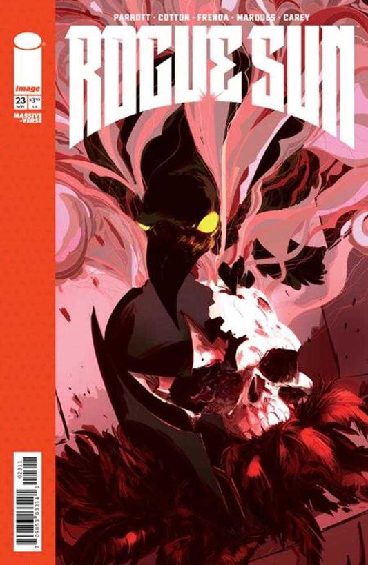 Comic book cover: "Rogue Sun #23." Black figure with glowing yellow eyes cradles a skull amid red and pink ethereal shapes. The cover features the Image Comics logo, issue number, price, and barcode.
