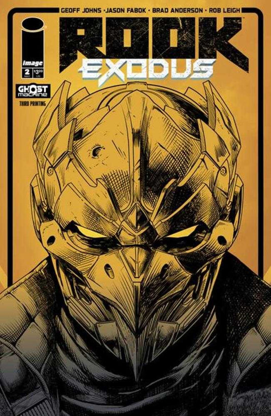 Comic book cover; Radiant Black: Exodus. Centered figure wearing a gold helmet with an elongated visor. Yellow background.