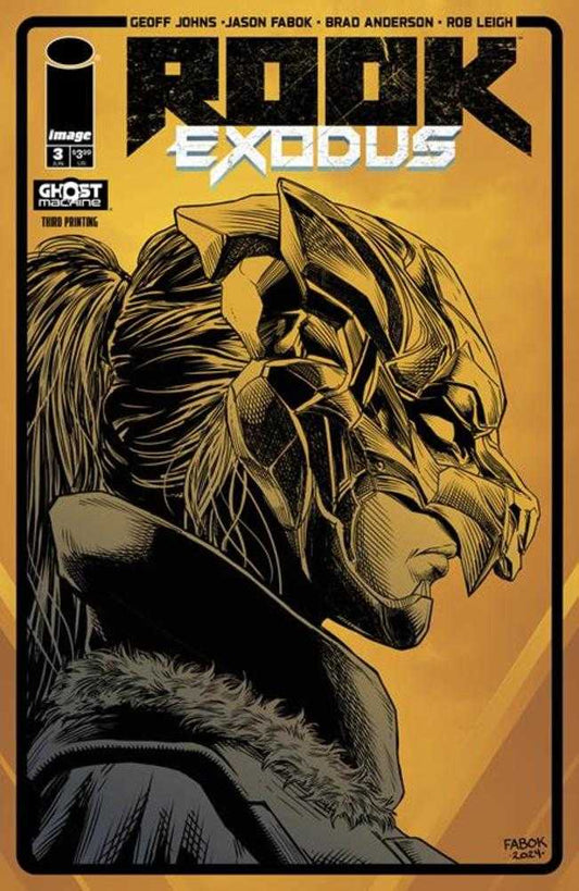 Comic book cover with a figure wearing a detailed mask, predominantly in shades of gold and black.