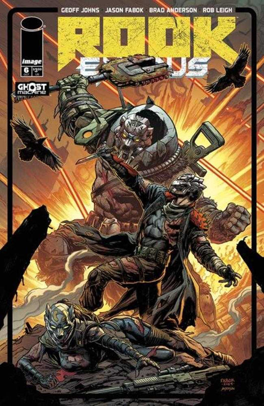 Comic book cover featuring armored figures, weapons, and flying birds against an orange background.