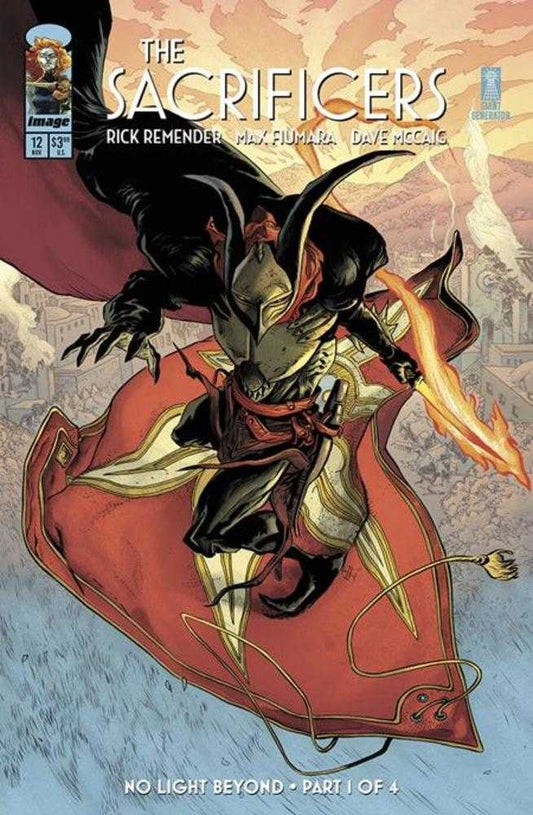 Comic book cover featuring a character in a dark, horned helmet, black suit and red cape holding a sword that is on fire.