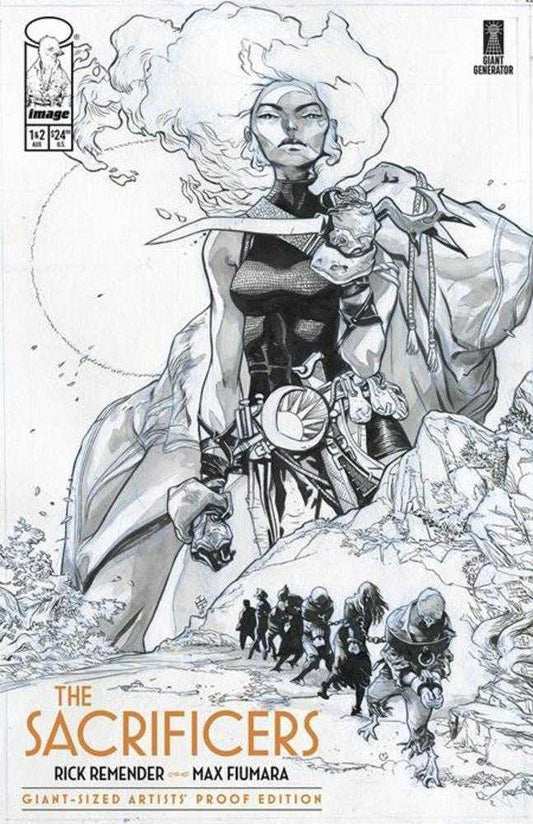Comic book cover featuring a woman with large, voluminous hair, wearing a sleeveless top and holding a sword. In the background, a group of figures are walking, and the title "The Sacrificers" is displayed in brown text.